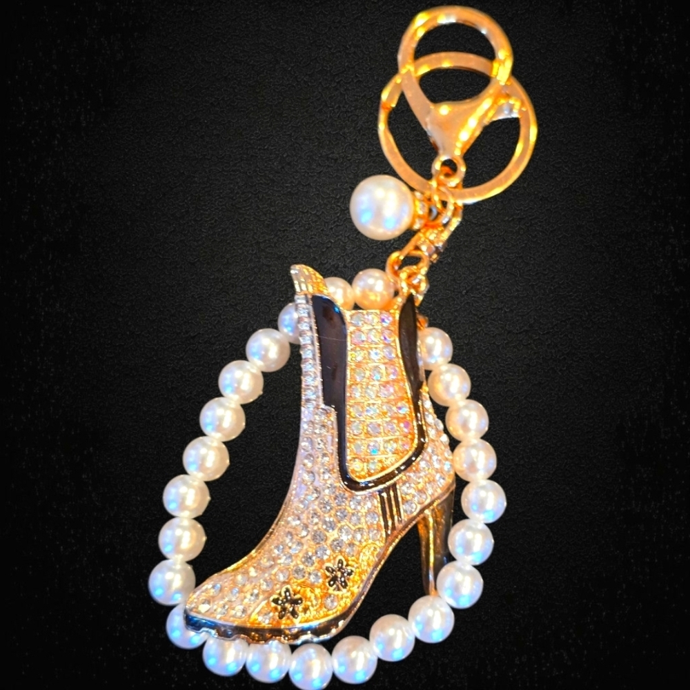 Stylish Gold and Black Rhinestone Cowboy Boot Charm with Pearl and Gold Accents - Picture 2 of 4